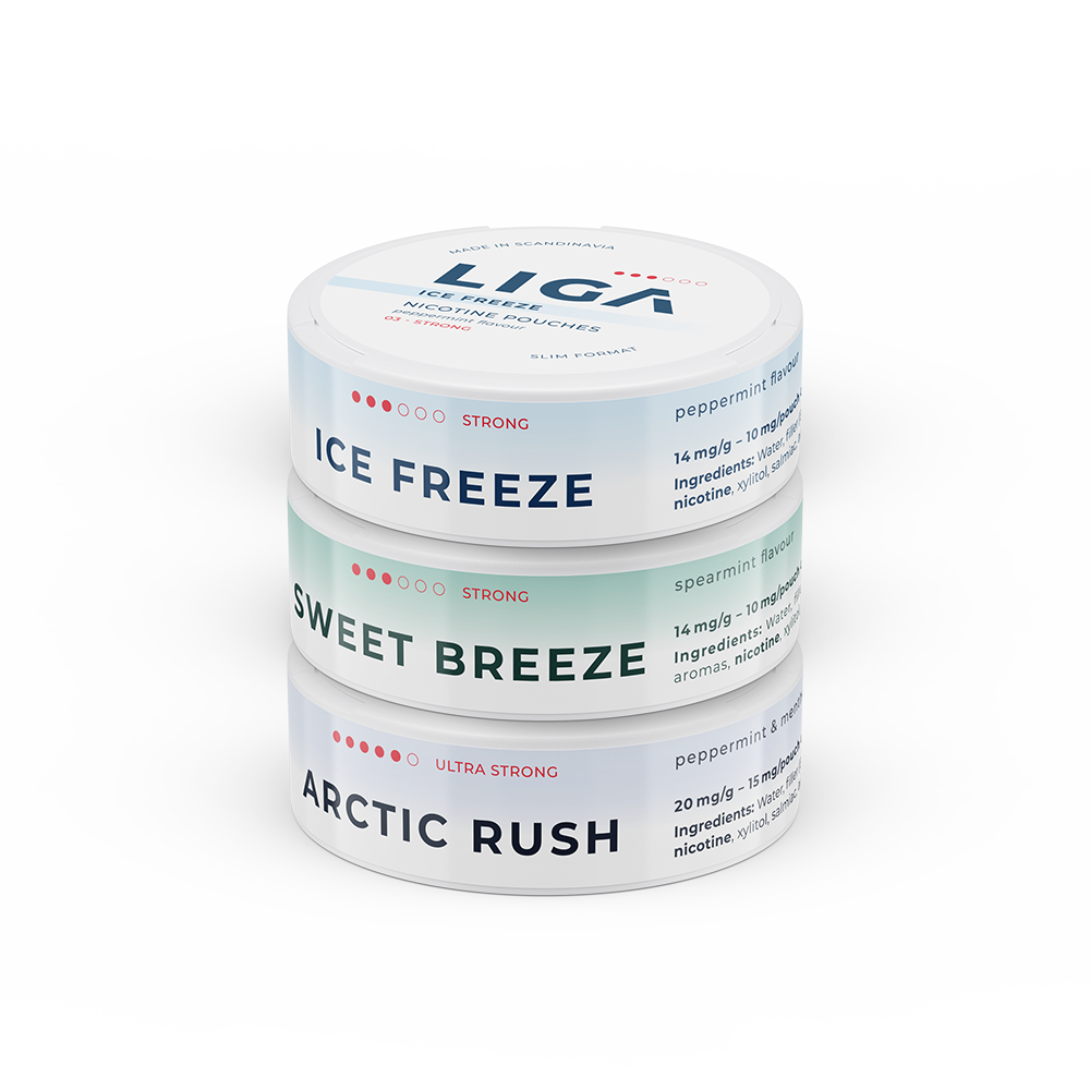 LIGA - 3 paczki snus ułożone jedna na drugiej: ice freeze, sweet breeze, arctic rush